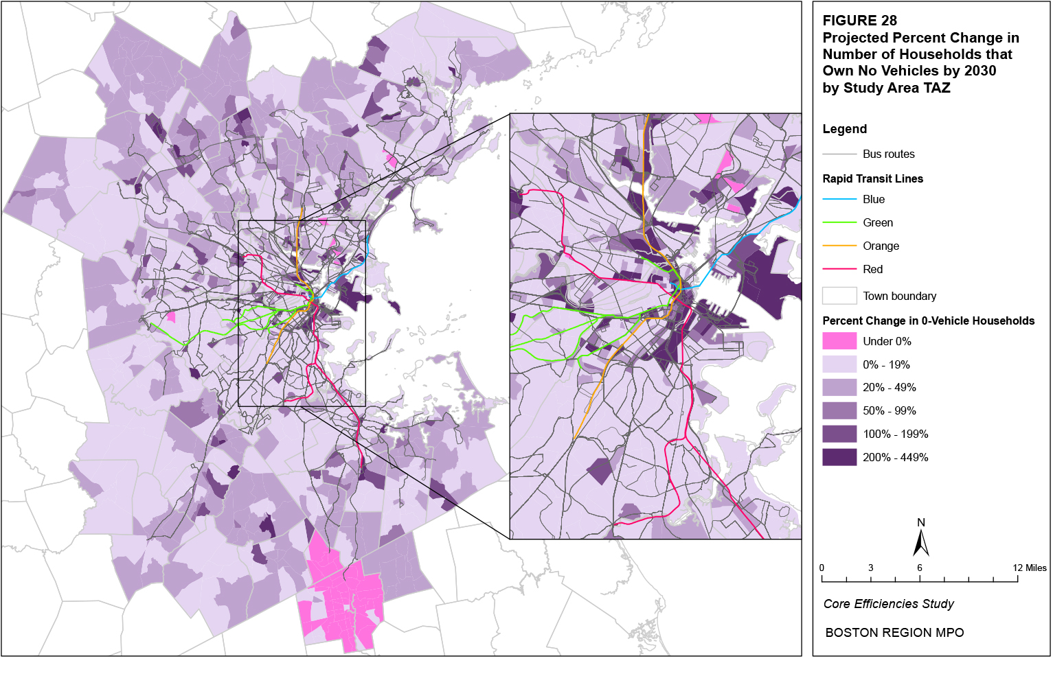 This map shows the projected percent change in households that own no vehicles by TAZ.